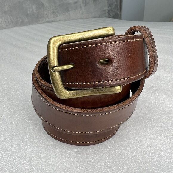 Vintage‎ Mens Leather Belt Brown Brass Buckle Long - Picture 1 of 9